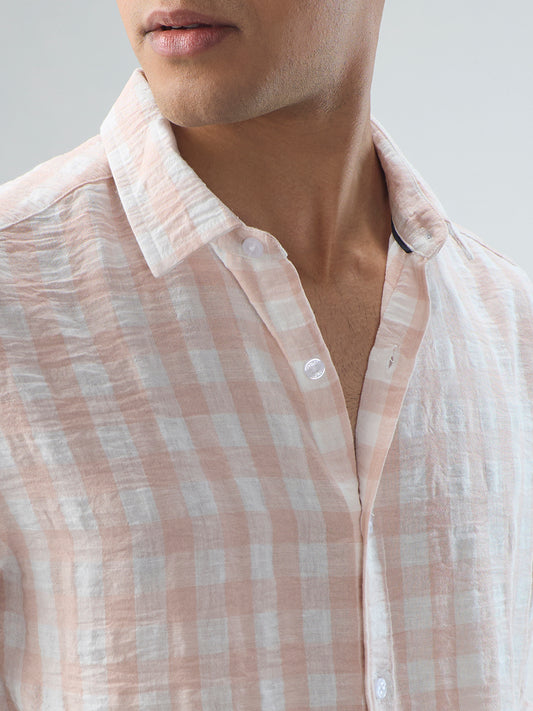 Soft Pastel Peach Box Checks Crinkled Shirt