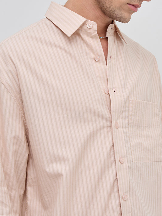 Plush Powder Pink Subtle Striped Boxy Fit Crop Shirt
