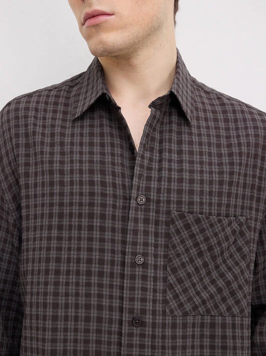 Brown & Grey Shadow Atelier Checked Boxy Fit Crop Shirt