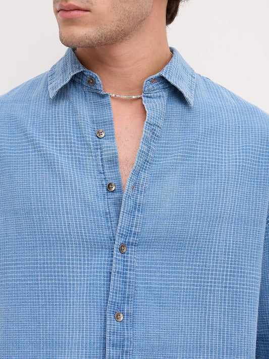 Premium Denim Fine Box Checks Boxy Fit Crop Shirt