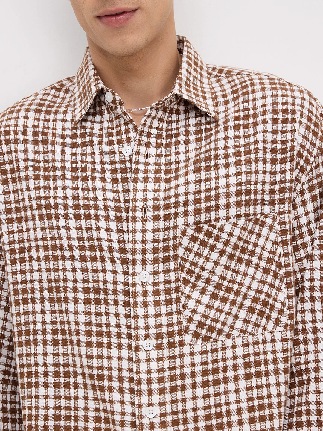 Rich Brown Crosshatch Checks Cuffless Oversized Crop Shirt