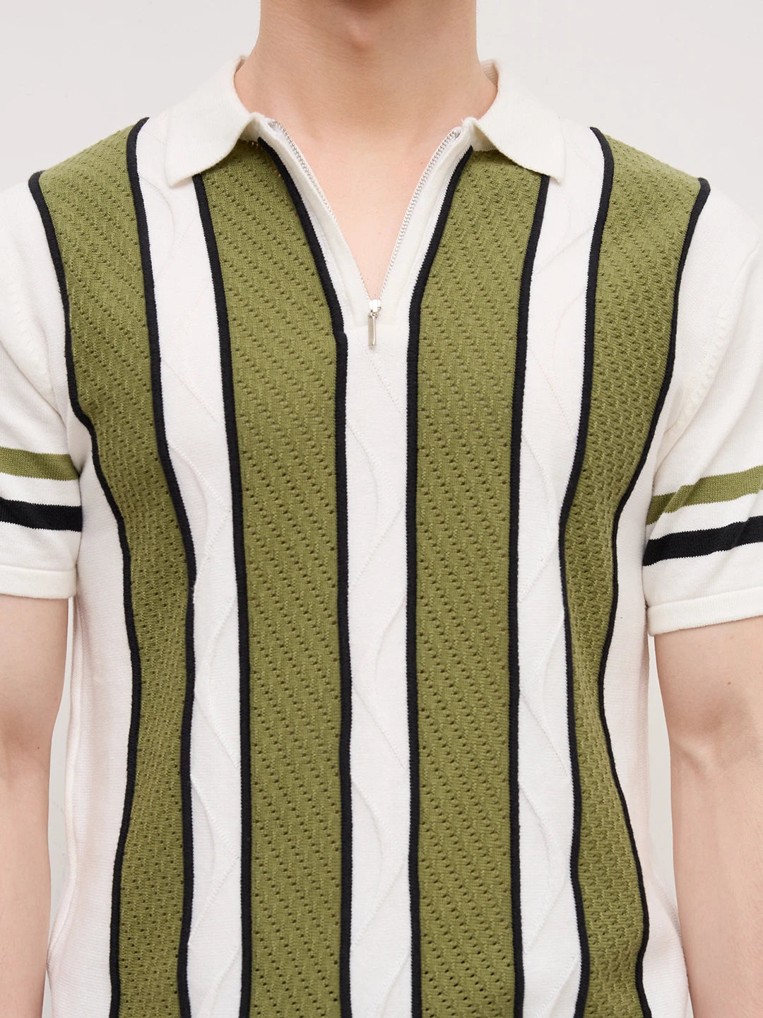 White Artisian Panel Striped Polo Zip Flat Knit T-shirt