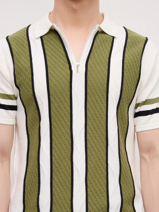 White Artisian Panel Striped Polo Zip Flat Knit T-shirt