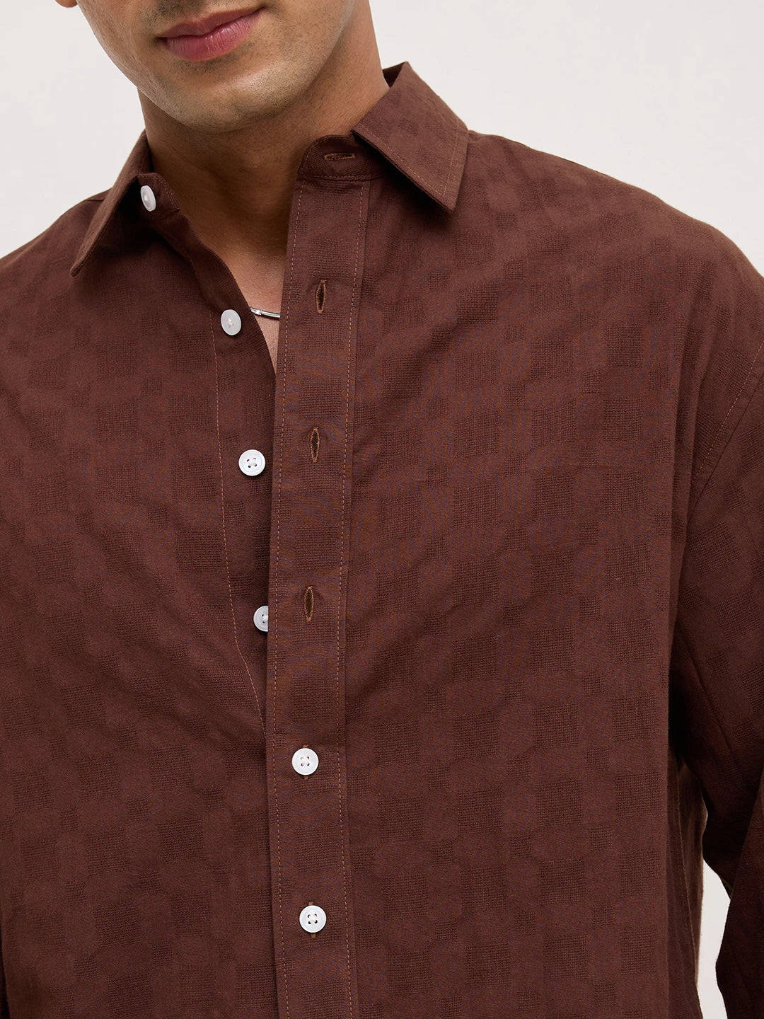 Coffee Brown Square Weave Boxy Fit Crop Shirt