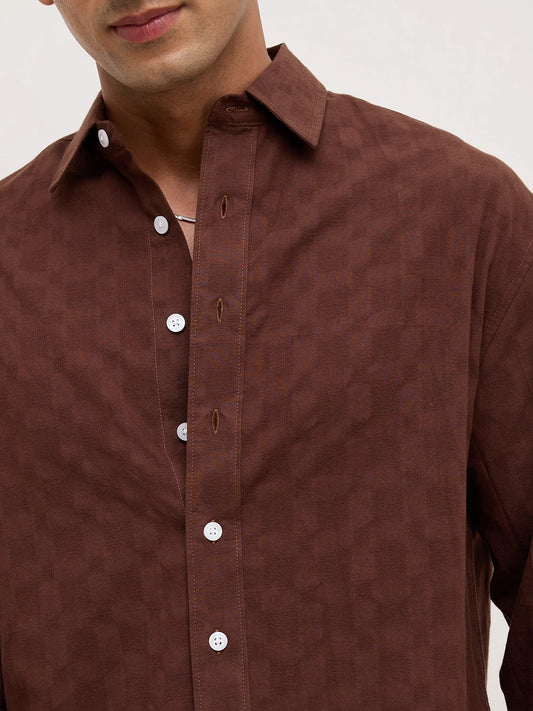 Coffee Brown Square Weave Boxy Fit Crop Shirt