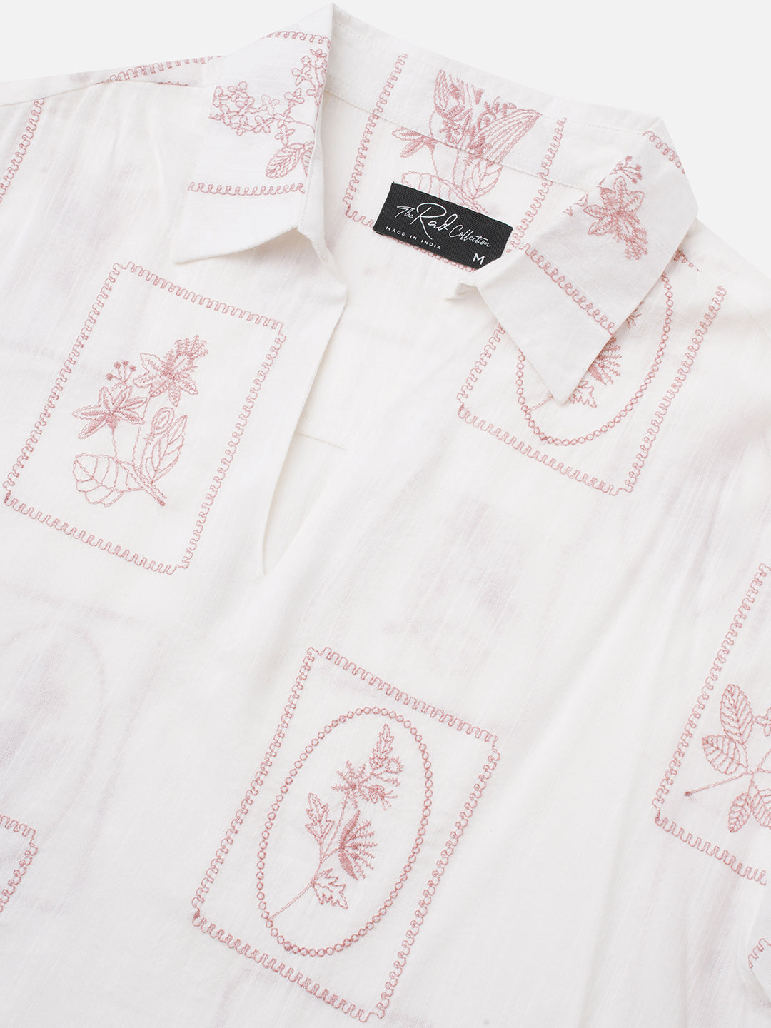 Old Rose Pink Floreal Frame Embroidery Polo Oversized Shirt