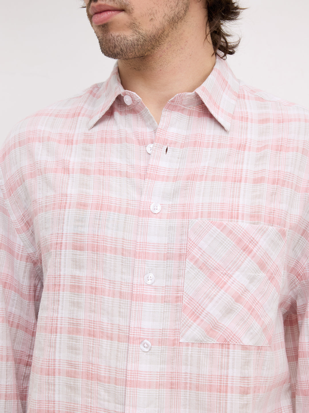 Peachy Pink & Grey Plaid Checks Oversized Cuffless Crop Shirt