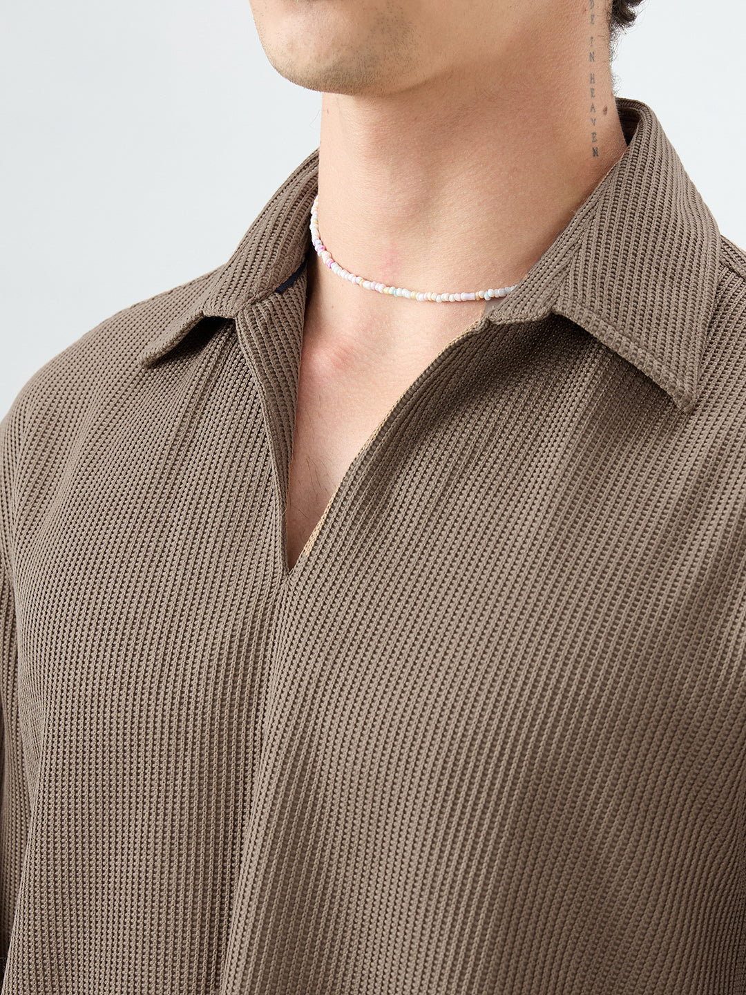 Brown Refined Textured Knitted Oversized Polo Shirt