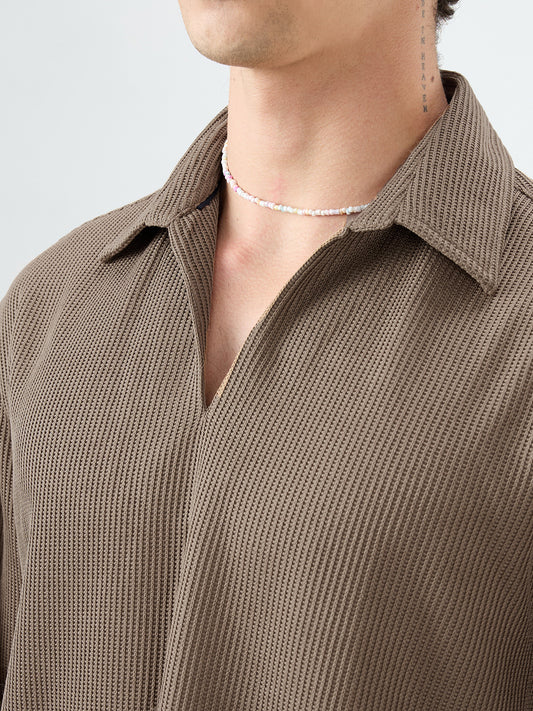 Brown Refined Textured Knitted Oversized Polo Shirt
