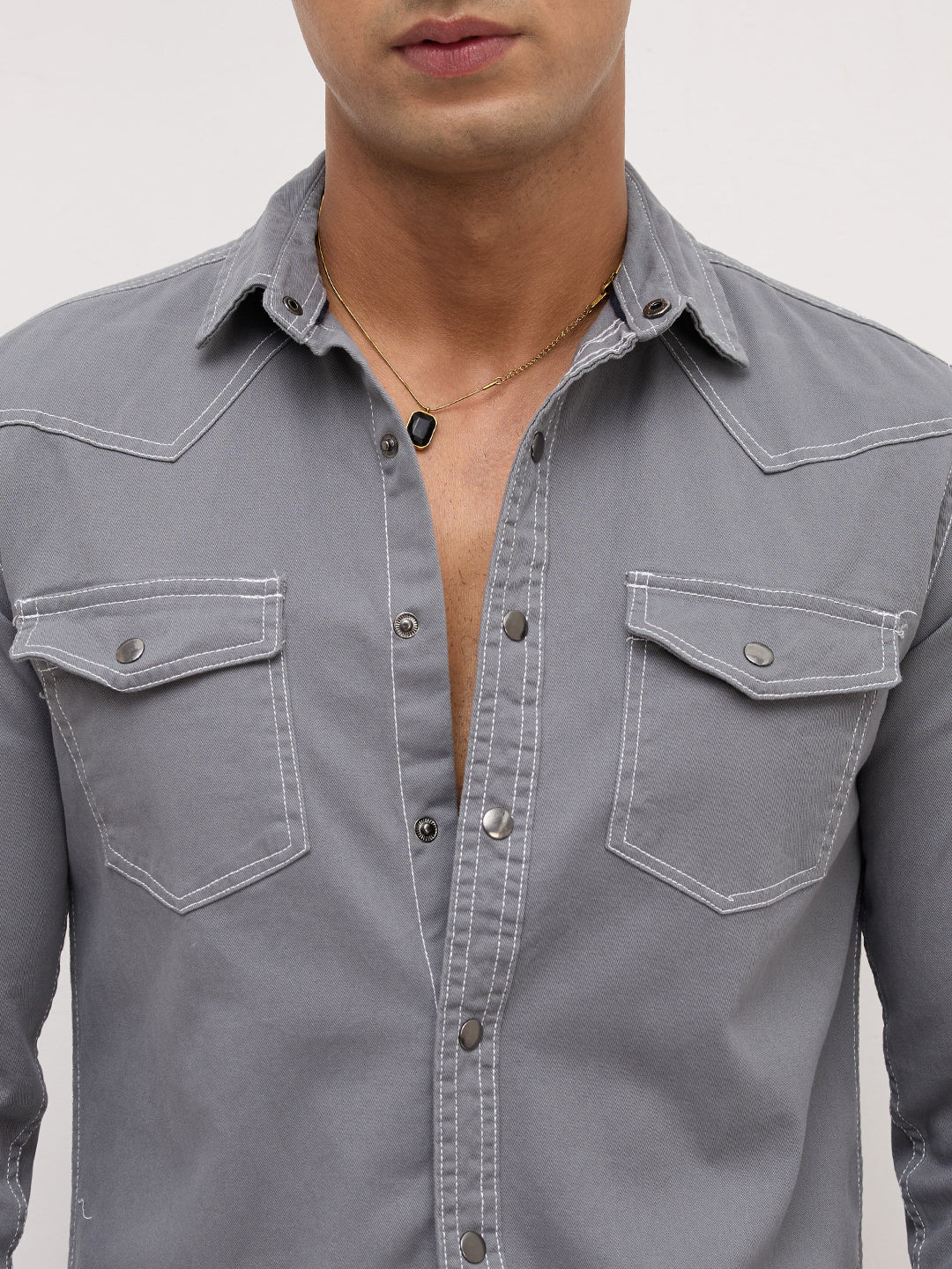 Slate Grey Contrast Stitch Twin Pocket Overshirt