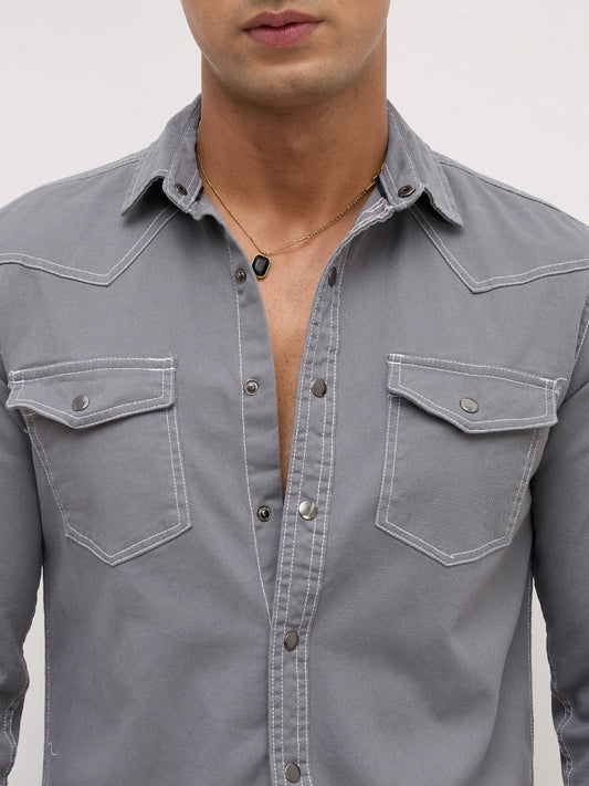 Slate Grey Contrast Stitch Twin Pocket Overshirt