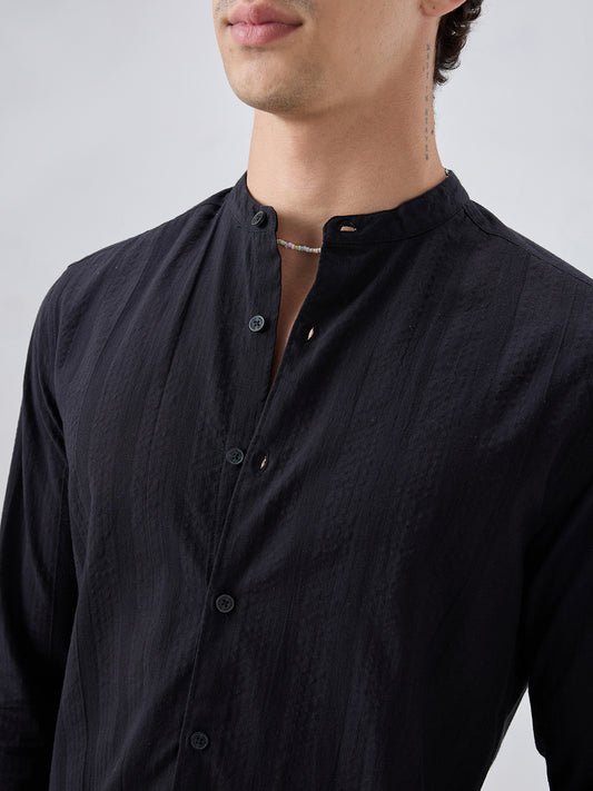 Jet Black Seersucker Striped Mandarin Shirt