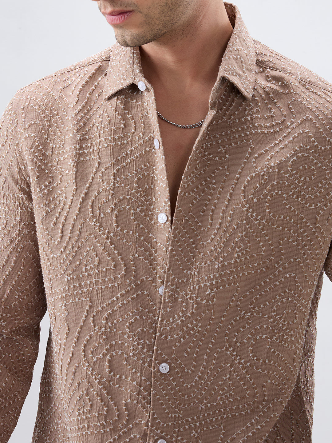 Intricate Dessert Brown Thread Flow Raised Stitch Shirt