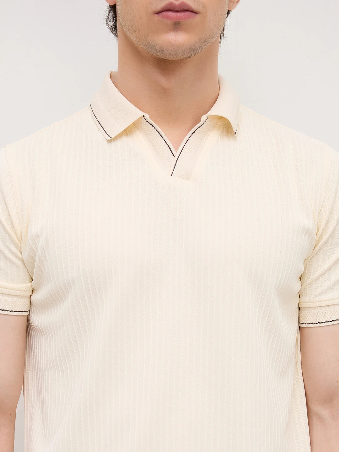 Elite Cream Pinstripe Weave Polo Tee