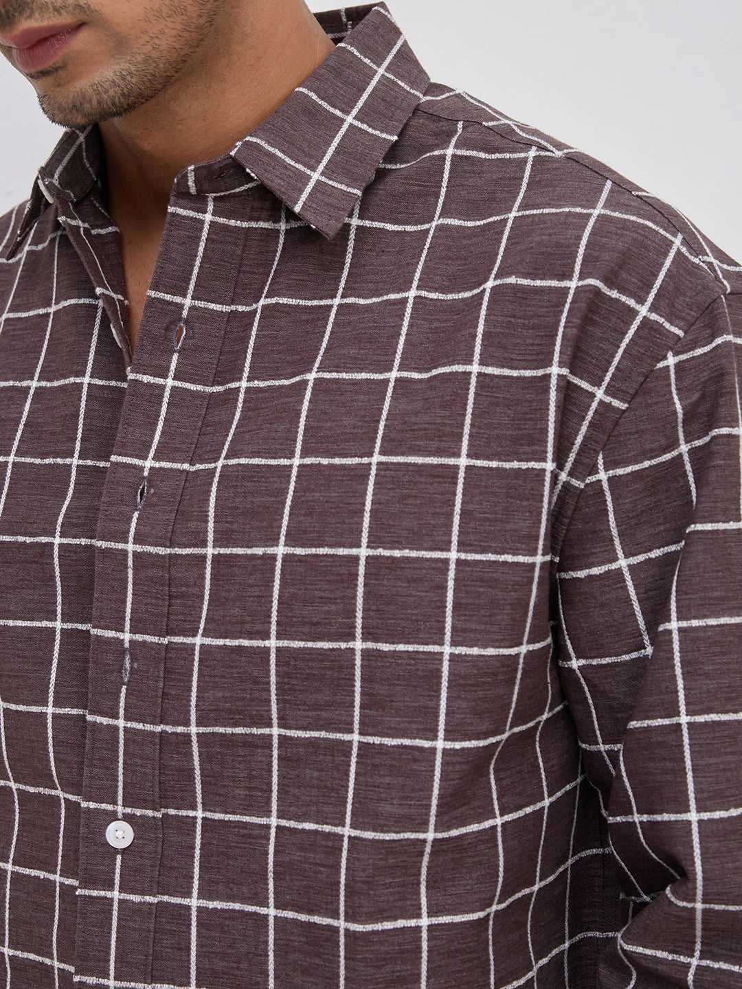 Espresso Brown Contrast Square Checks Boxy Fit Crop Shirt