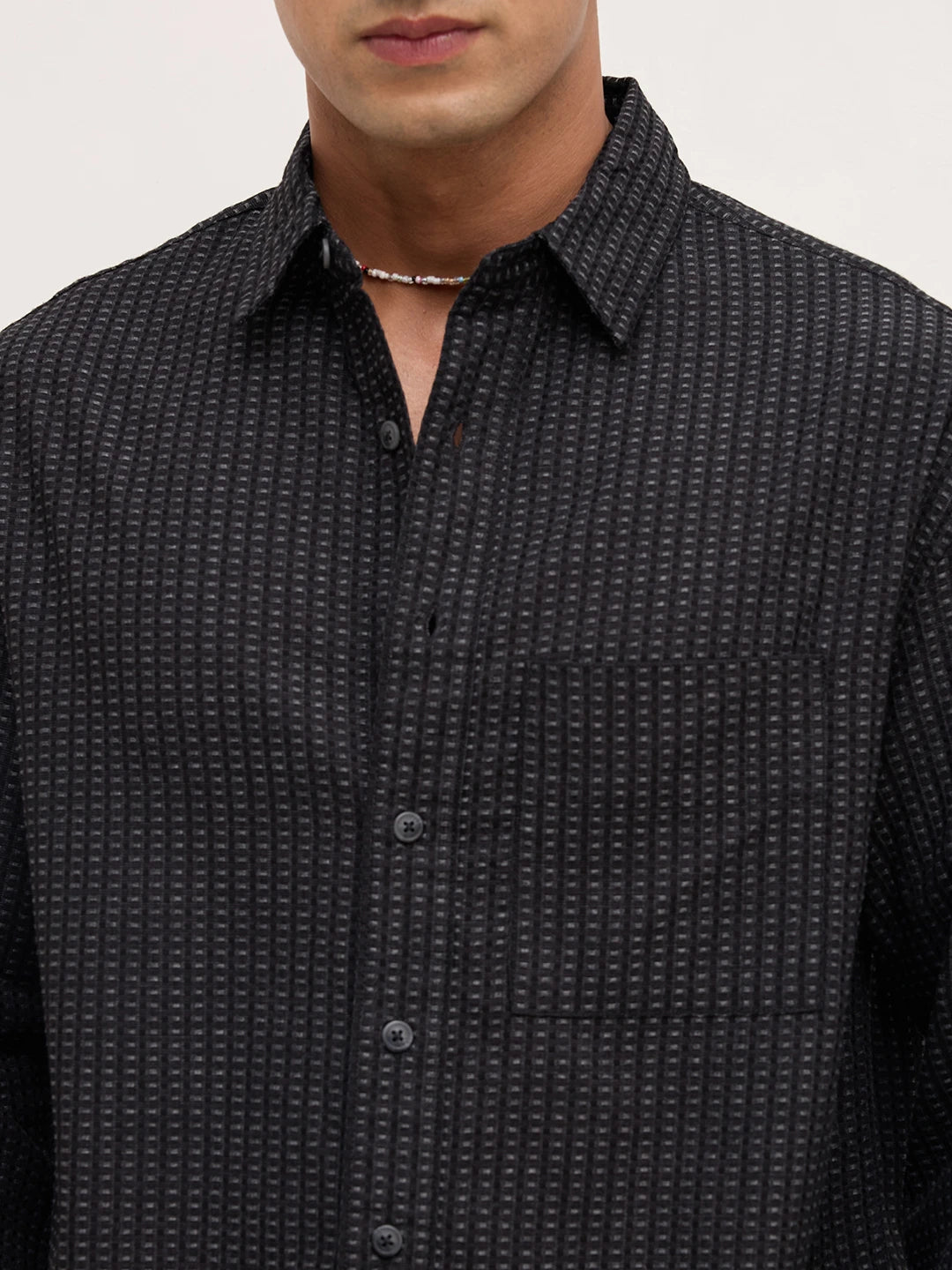 Denim Black Windowpane Textured Boxy Fit Crop Shirt