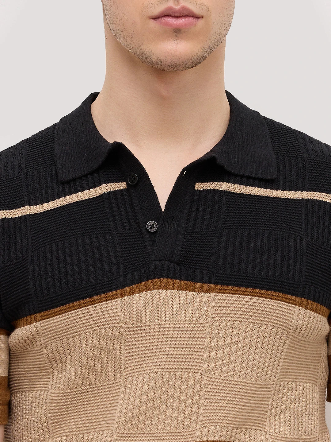 Sandstone Geometric Textured Knit Polo T-Shirt