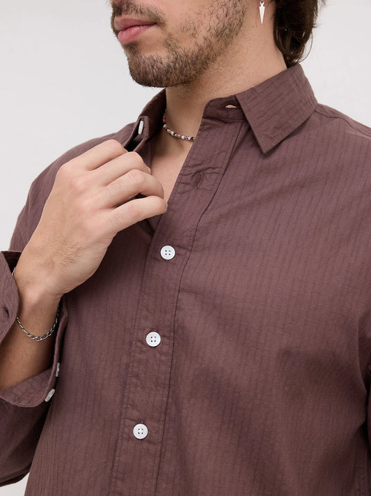 Deep Bark Brown Fine Textured Boxy Fit Crop Shirt