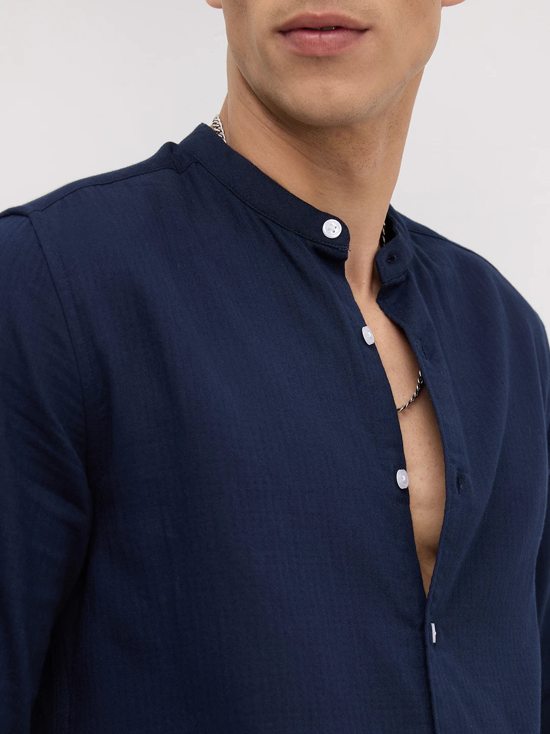 Navy Herringbone Textured Mandarin Shirt