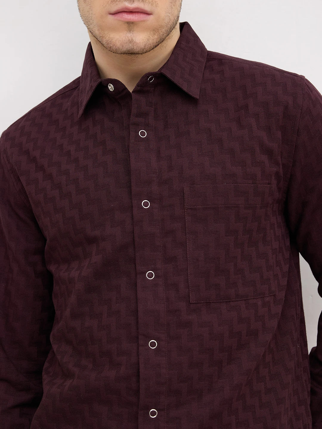 Rich Wine Maze Textured Straight Hem Crop Shirt