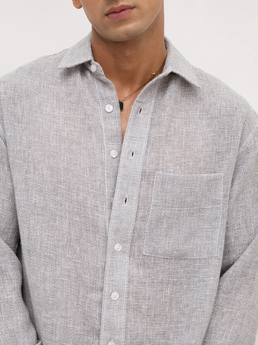 Frost Grey Crosshatch Grid Textured Boxy Fit Crop Shirt