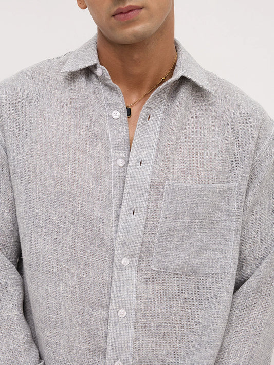 Frost Grey Crosshatch Grid Textured Boxy Fit Crop Shirt