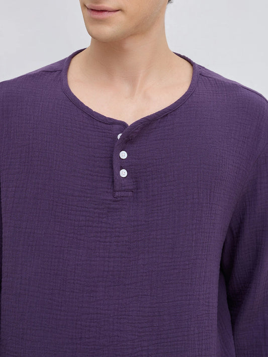 Aubergine Purple Double Cloth Henley Neck Oversized Shirt