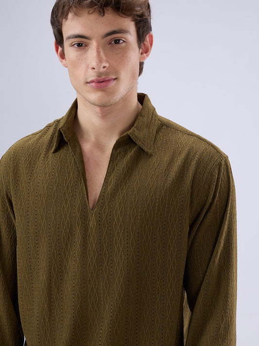 Olive Fine Lozenge Weave Polo Oversized Shirt