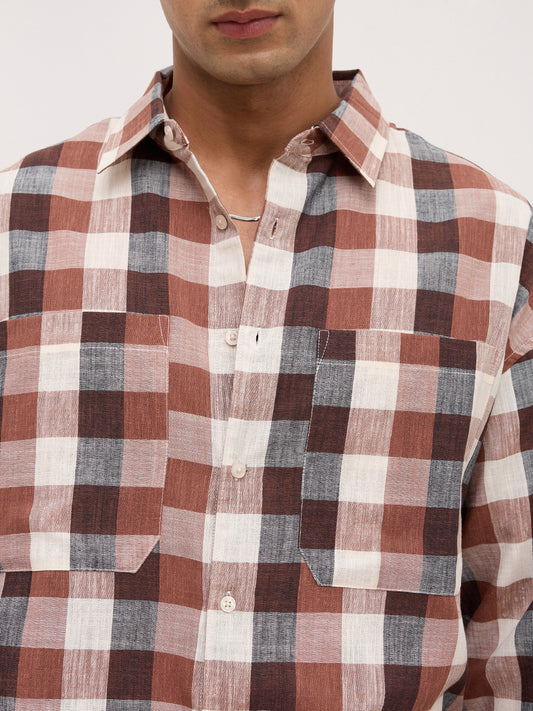 Elevated Maroon Block Checks Twin Pocket Boxy Fit Crop Shirt
