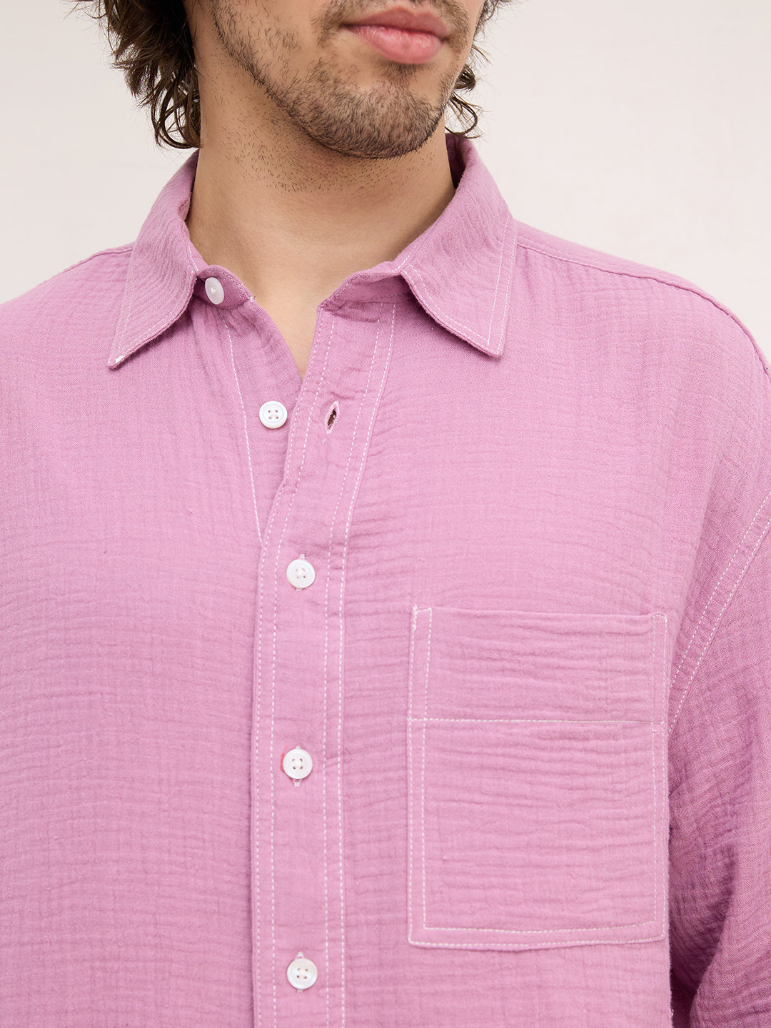 Rich Lilac Double Cloth Boxy Fit Crop Shirt
