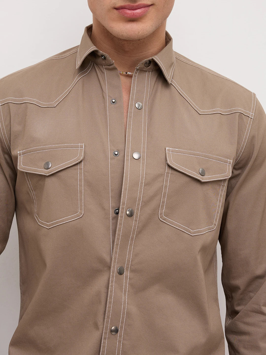 Taupe Contrast Stitch Twin Pocket Shirt