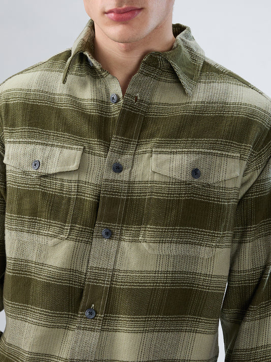 Forest Olive Grid Double Pocket Flannel Shirt
