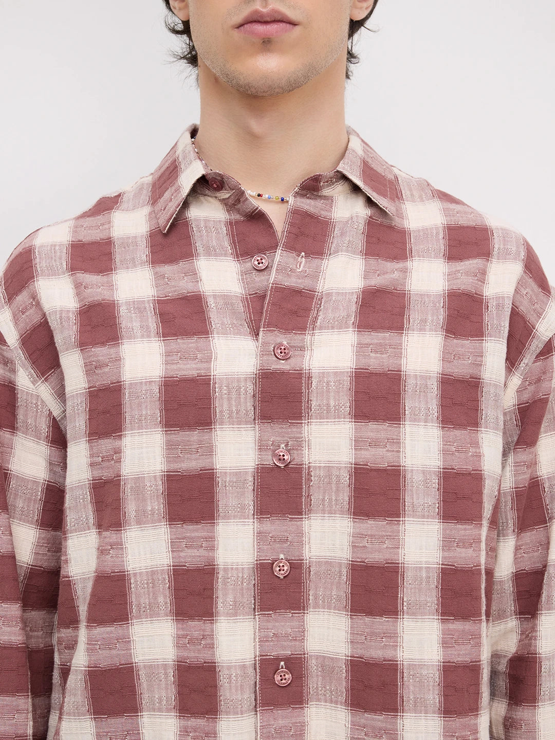 Vintage Maroon Handloom Inspired Checks Boxy Fit Crop Shirt