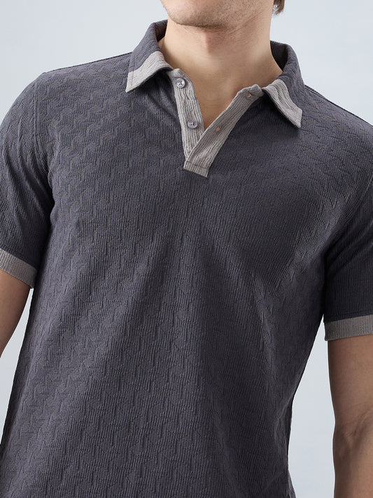 Charcoal Grey Textured Contrast Polo Neck Knit T-shirt