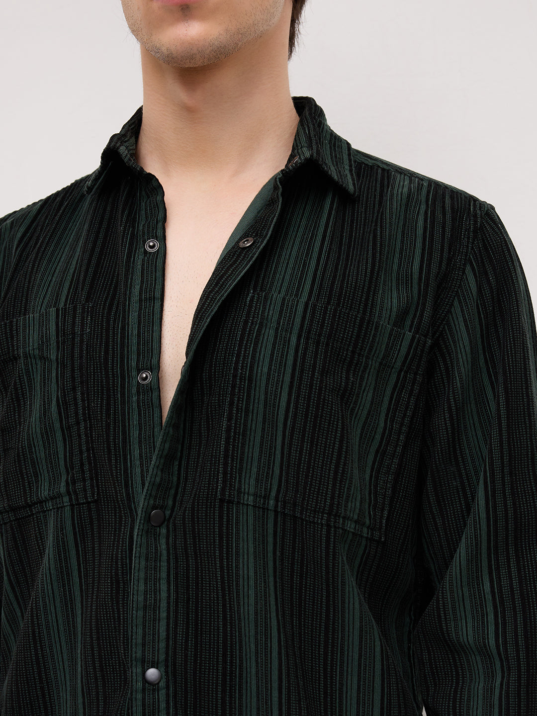 Dark Green Striped Double Pocket Corduroy Shirt