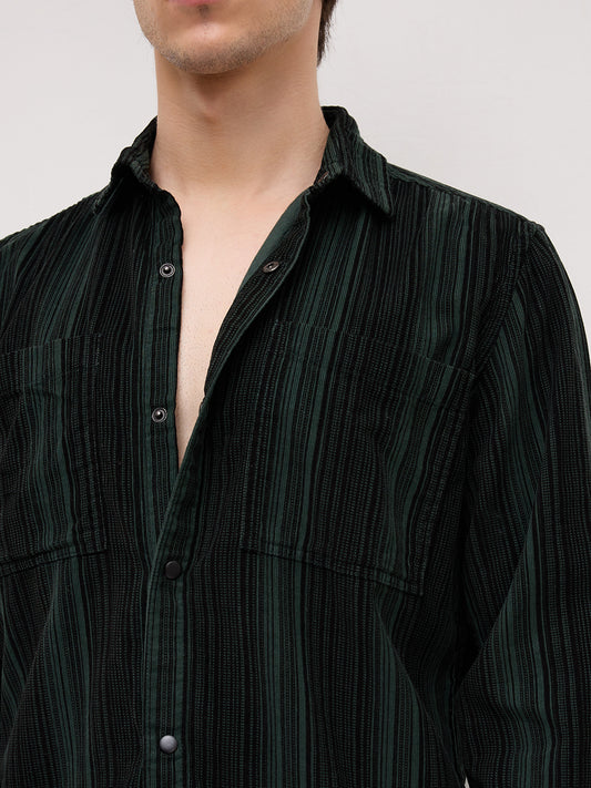 Dark Green Striped Double Pocket Corduroy Shirt