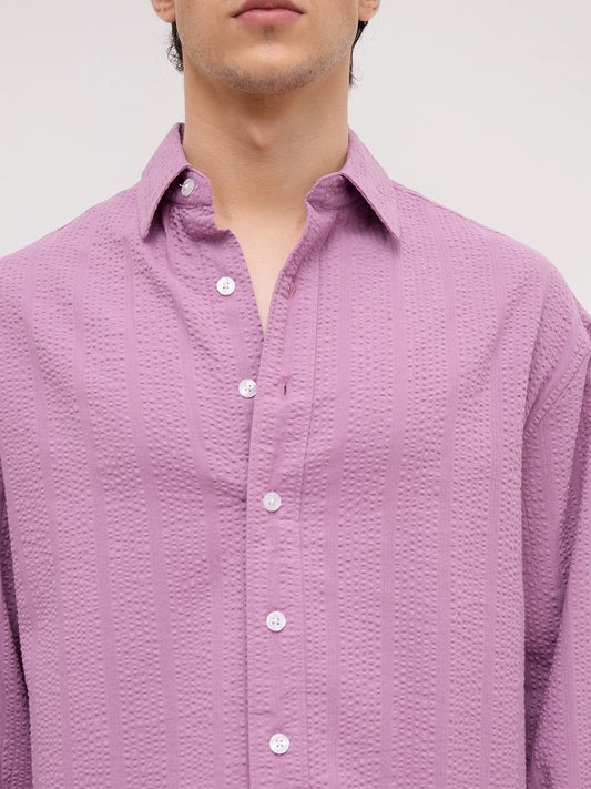 Luxury Purple Seersucker Striped Boxy Fit Crop Shirt