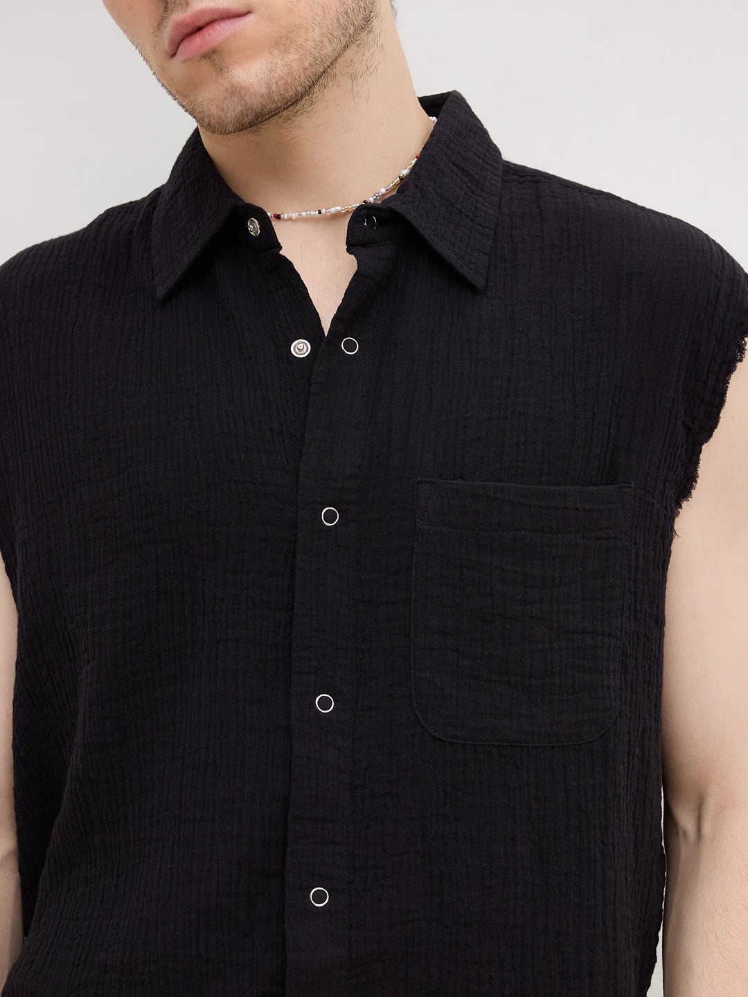 Iconic Black Double Cloth Sleeveless Crop Shirt
