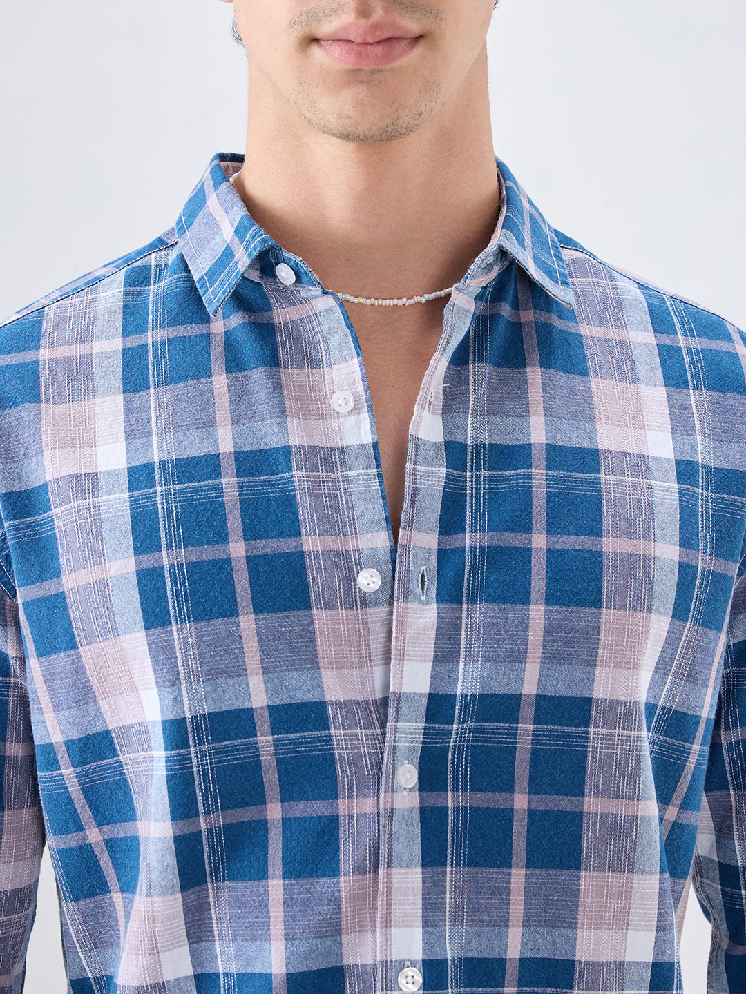 Denim Blue & Peach Multi Line Block Checks Shirt