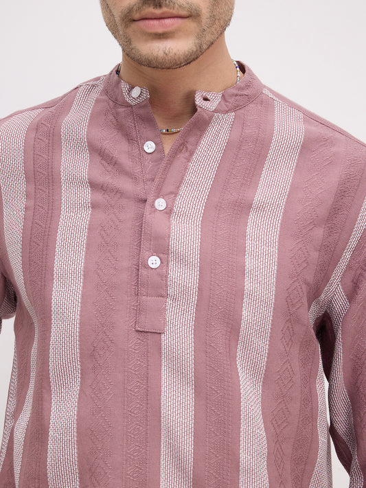 Dusty Mauve Artisan Contrast Loom Striped Kurta