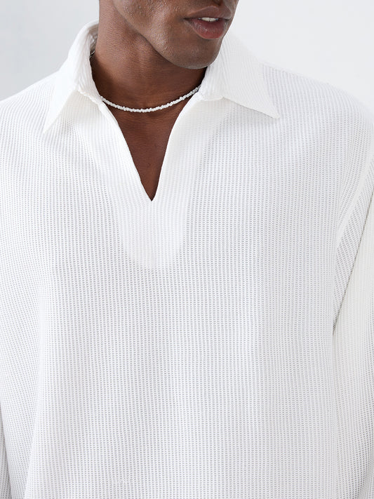 Snow White Refined Textured Knitted Oversized Polo Shirt