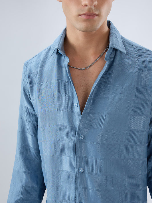 Teal Blue Block Checks Motif Embossed Textured Shirt