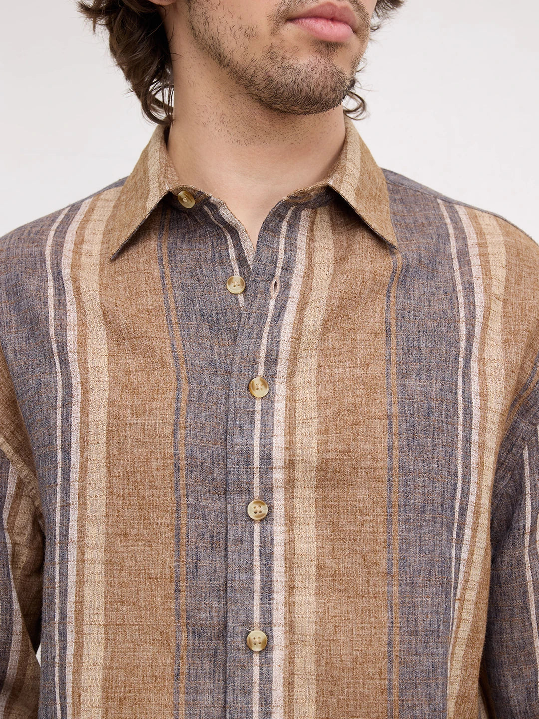 Earthy Brown & Navy Textured Striped Boxy Fit Crop Shirt