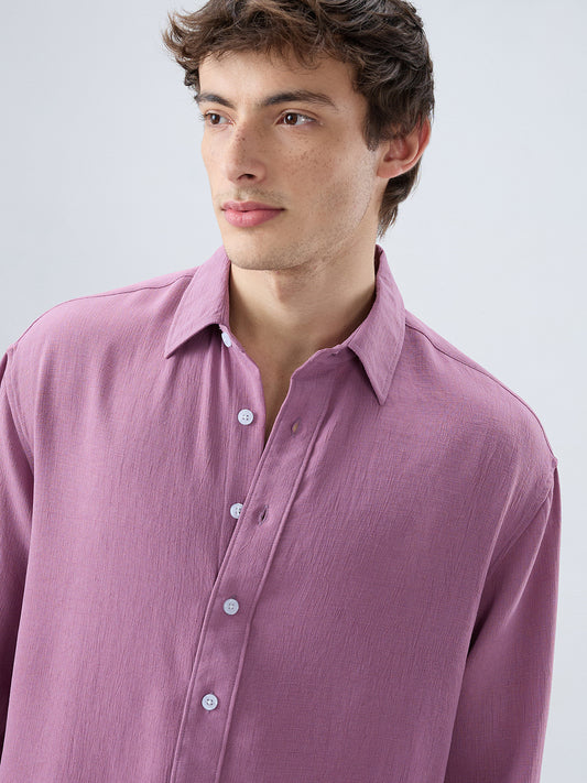 Dust Rose Blush Fine Grid Textured Boxy Fit Crop Shirt