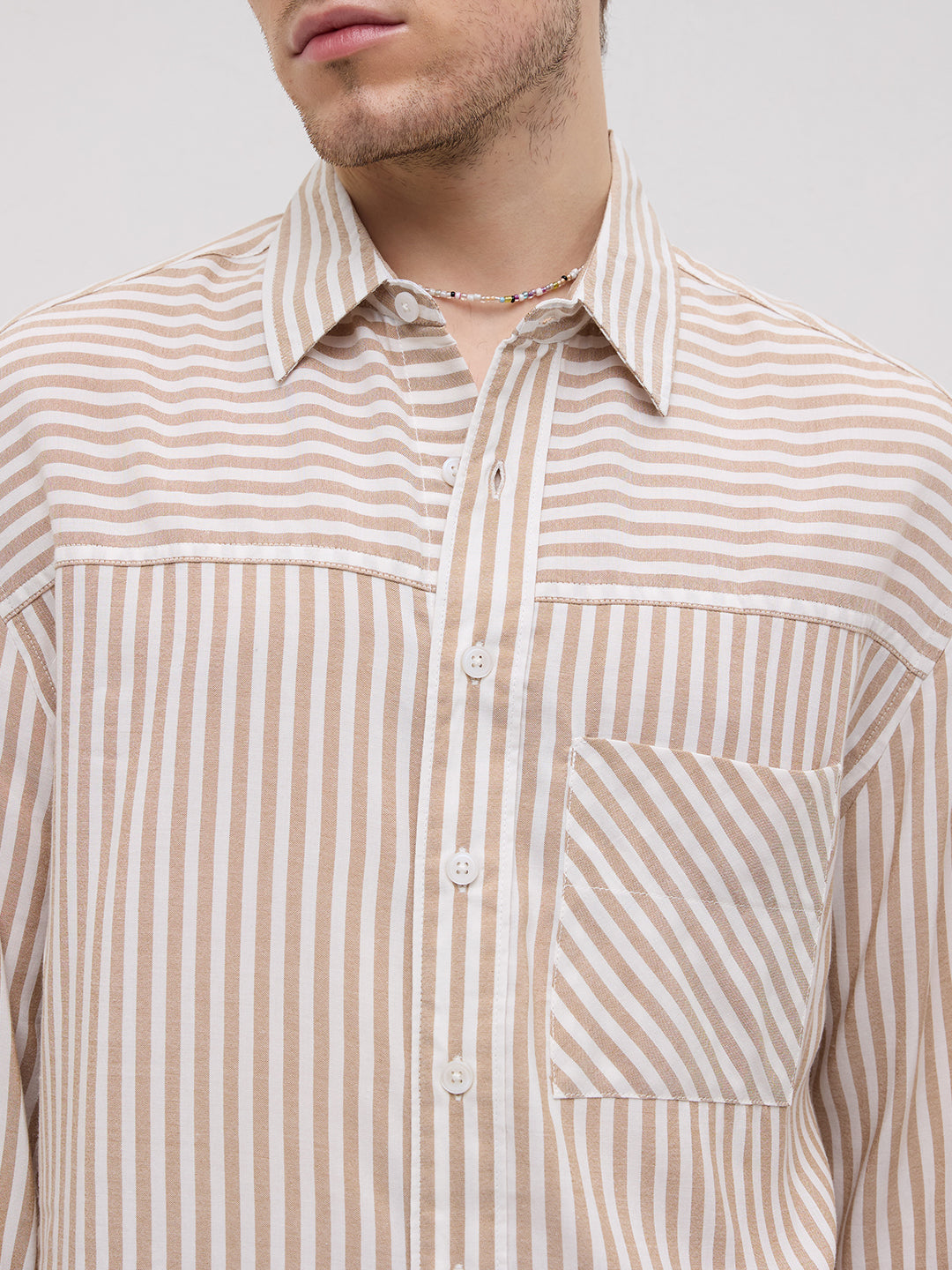 Timeless Khaki Striped Boxy Fit Crop Shirt