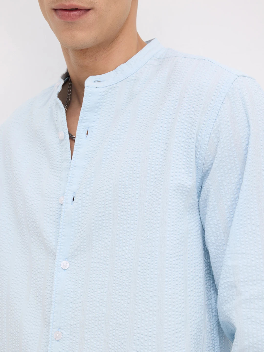 Luxe Sky Blue Seersucker Mandarin Shirt