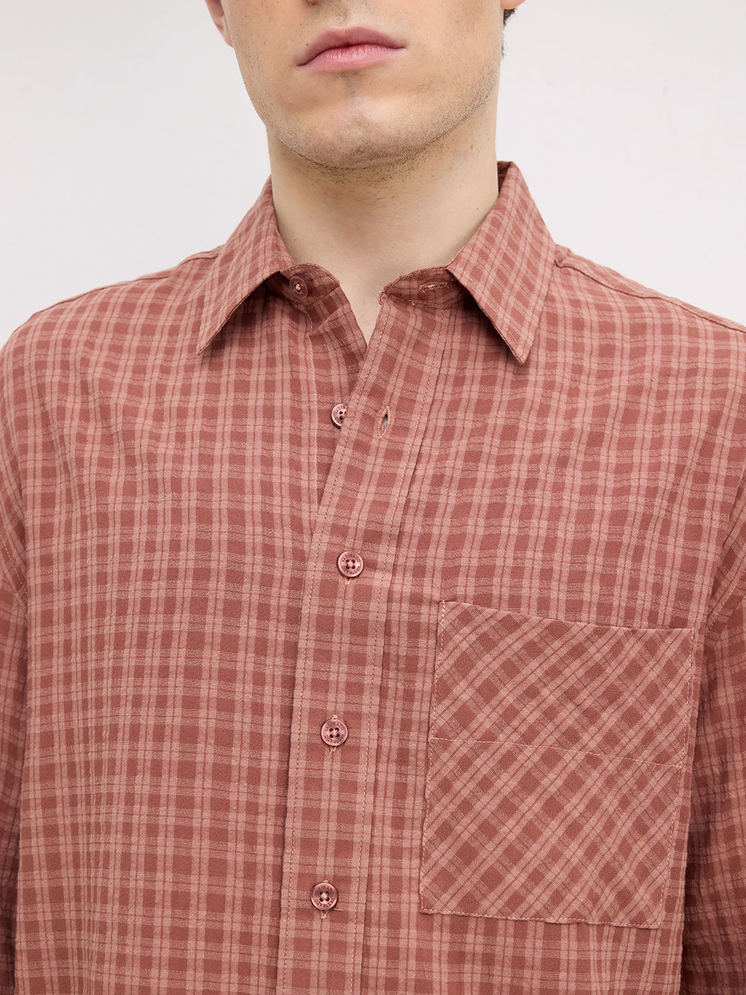Rustic Brick Brown Atelier Checked Boxy Fit Crop Shirt