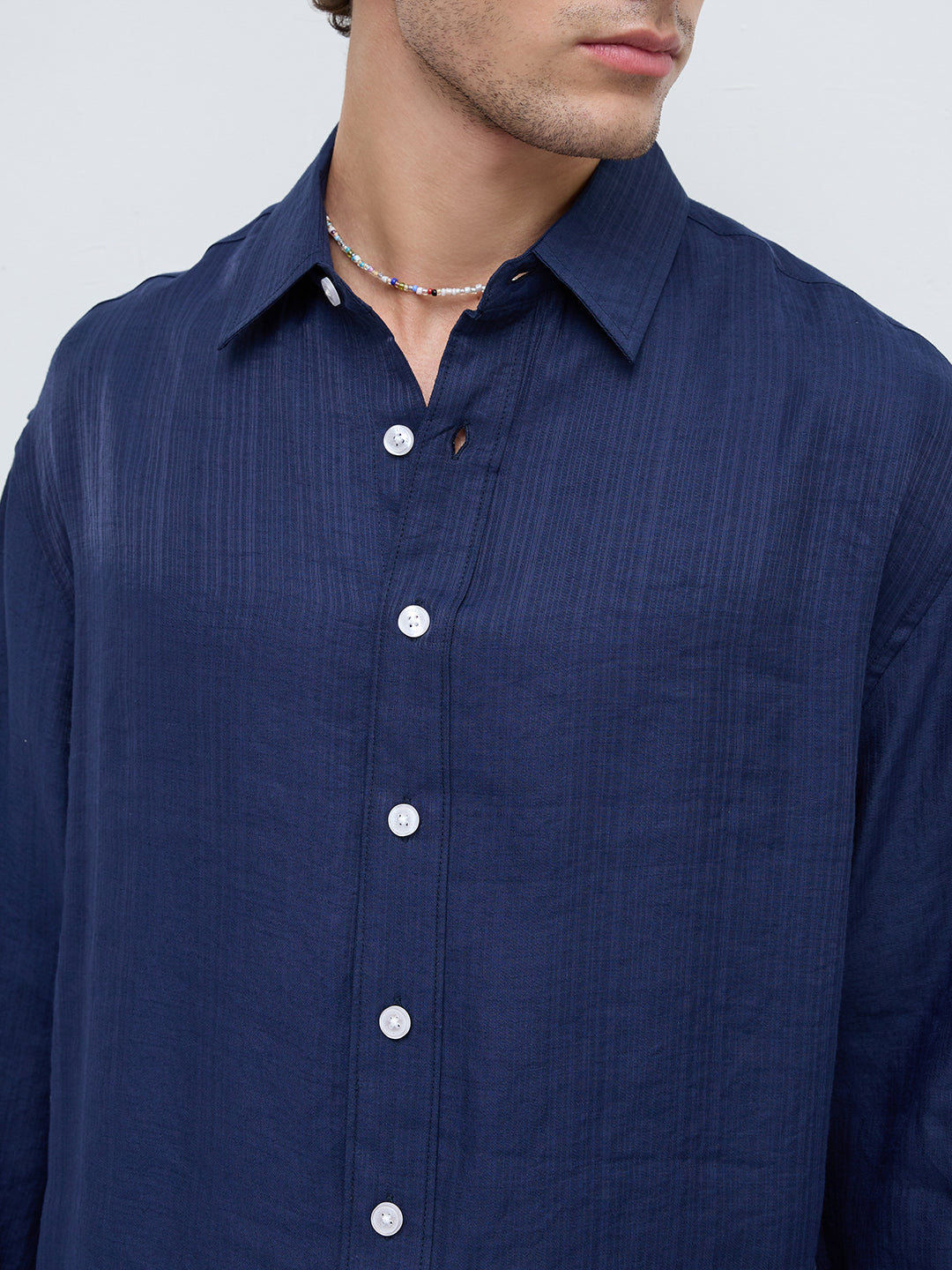 Lustre Navy Striped Weave Boxy Fit Crop Shirt