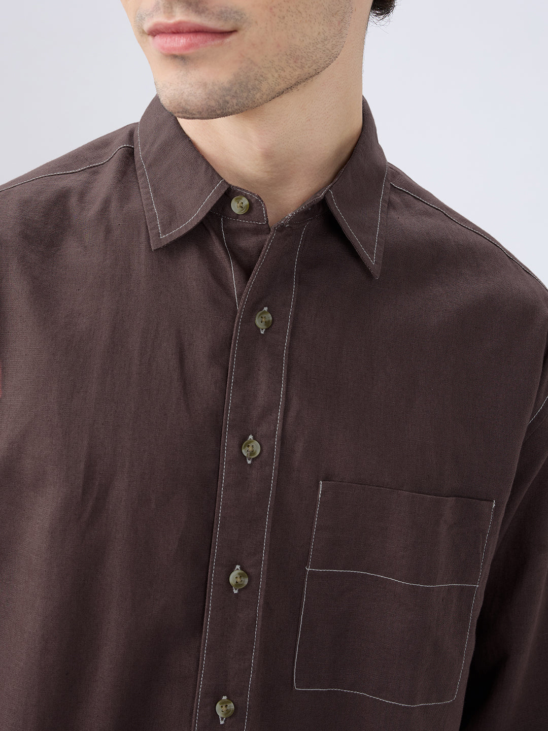 Elegant Brown Linen Contrast Stitch Boxy Fit Crop Shirt