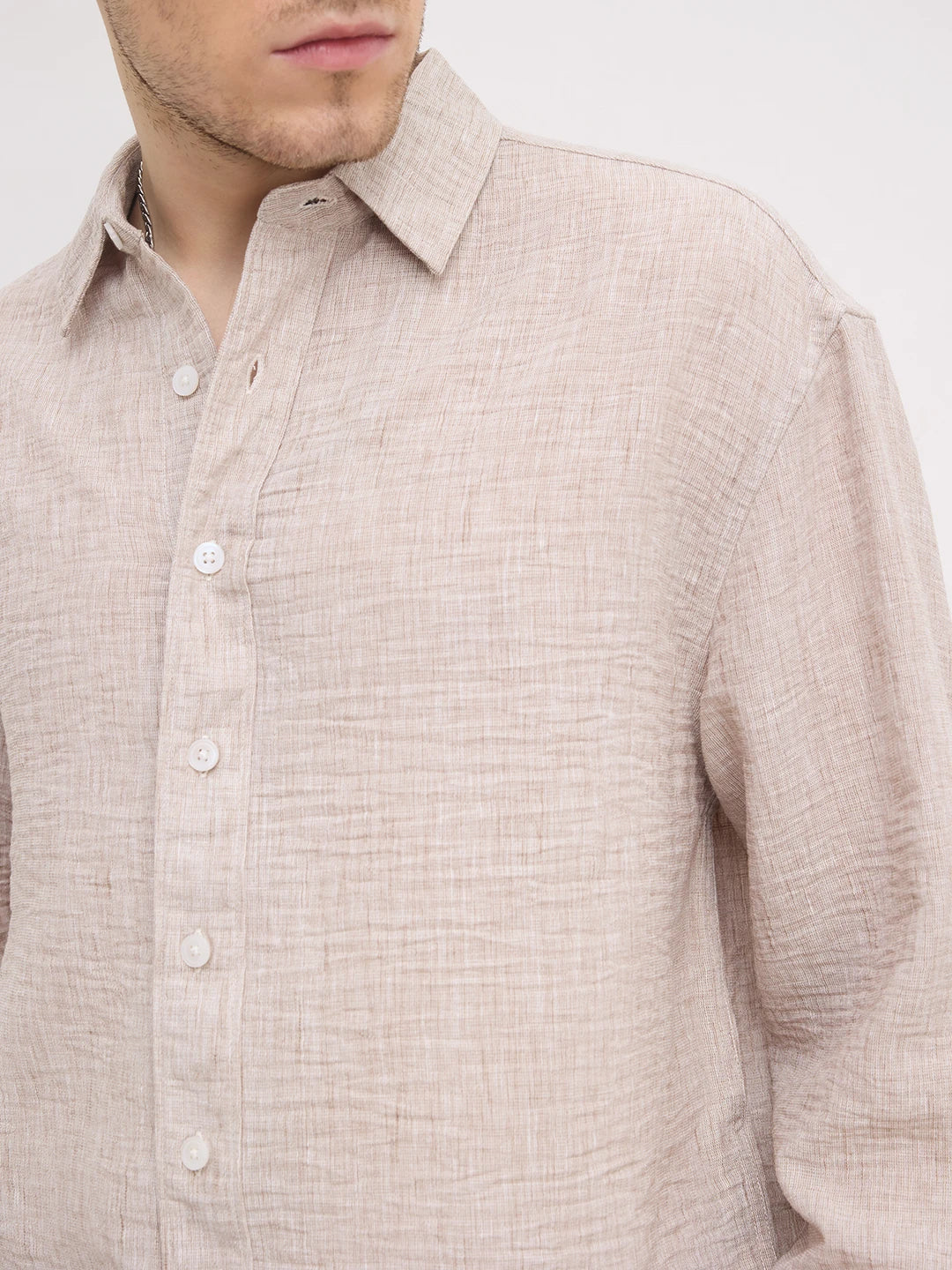 Tan Beige Fine Textured Boxy Fit Crop Shirt